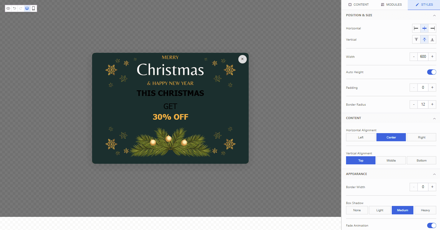 Dragble popup builder — Christmas popup with style controls